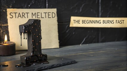 Chocolate number one with dripping icing against a dark background