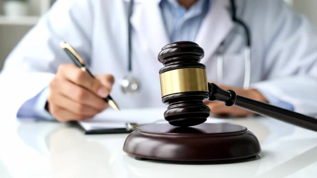 Close-up of a healthcare professional writing a document beside a wooden judge's gavel, concept for medical malpractice, healthcare litigation and bioethics