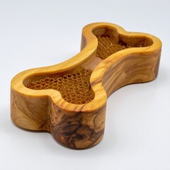 Wooden dog bone dish with honeycomb pattern