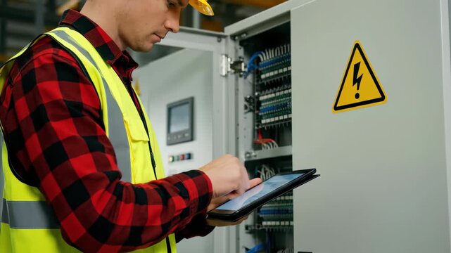 Skilled electrician using tablet to inspect open industrial control panel with high voltage sign, concept for industrial maintenance, system diagnostics and factory automation