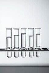Sterile Glass Vials with Clear Liquid on Rack for Medical Vaccine Research