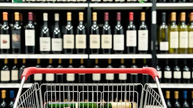 Video A shopping cart full of wine bottles in a store, ideal for e-commerce or lifestyle 