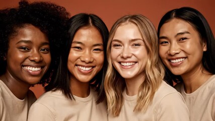 Close-up portrait of four diverse women smiling, wearing beige shirts against a brown background, concept for beauty brand campaigns, skincare promotion and diversity initiatives