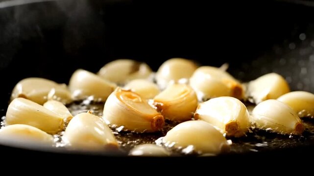 close up of garlic frying roasting grilling in the pan amd oil