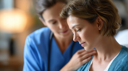 Faceless nurse consoling patient in hospital ward, healthcare worker providing emotional support, compassionate care moment, bedside comfort scene, with copy space