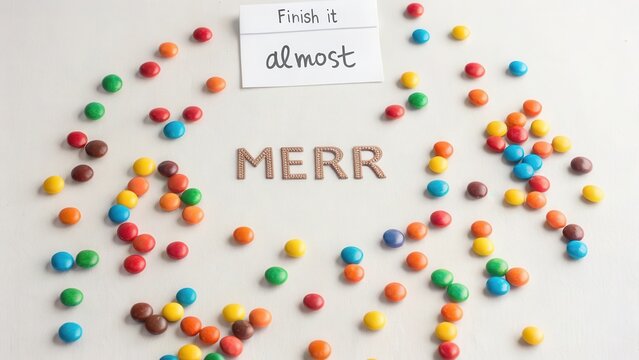 Colorful candy scattered around the word MERR and a finish it almost note