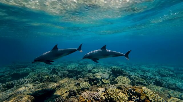 Two dolphins swimming underwater above rocky seabed in clear blue ocean with sunlight filtering