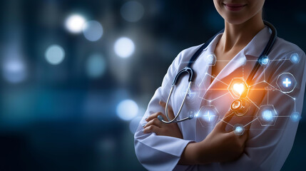 Faceless doctor with stethoscope and medical icons on hospital background defocused, healthcare technology network concept, digital medicine imagery, with copy space