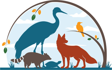 Illustration of a wolf, a raccoon, and a bird in a circle. © Anijombang