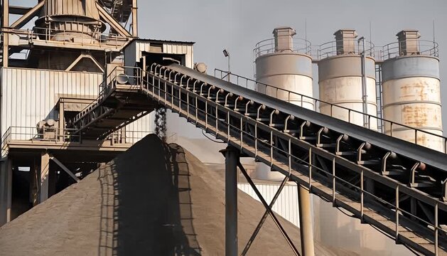 Industrial conveyor belt processing aggregate materials at a construction plant production site.