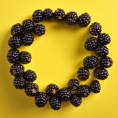 Fresh blackberry fruits on yellow. Delicious blackberries