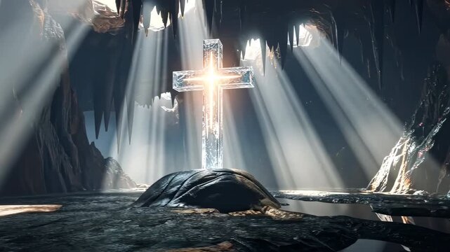 Crystal carved cross or crucifix inside glowing cave with beams of light mist reflections and surrounding natural rock formations for Christmas