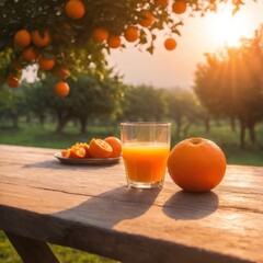 Fresh oranges and orange juice glass on table, garden in background.