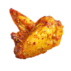 Single golden, glazed chicken wing with visible seasoning