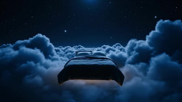A comfortable bed floats high above thick blue nighttime clouds beneath a dark starry sky, suggesting peaceful sleep, concept for sleep aids, luxury bedding advertisement and relaxation metaphor