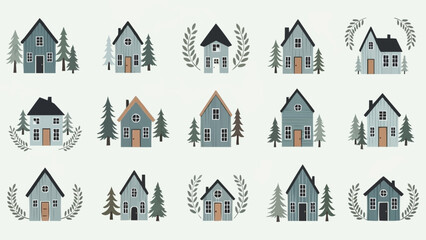 Collection of charming small houses with trees and decorative elements. © Tanto