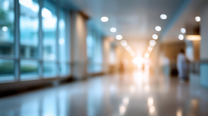 Blurred interior of hospital hallway, abstract medical background, defocused healthcare facility, soft focus clinical environment, institutional setting, with copy space