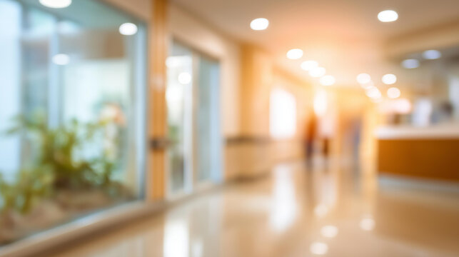 Blurred interior of hospital hallway, abstract medical background, defocused healthcare facility, soft focus clinical environment, institutional setting, with copy space