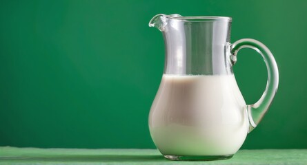 Milk in pitcher jug on green background.