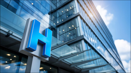 Building exterior with large H sign for hospital, medical facility architecture, healthcare institution landmark, clinical center identification marker, with copy space