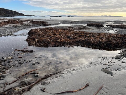 Beautiful wild beach Isle of Mull Scotland Uisken the beautiful rocky and sandy shore sunrise with water pools reflect sun light  vast ocean on horizon with wildlife  and blue sky in Winter no people