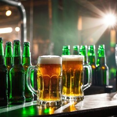 Cold beer in glass on counter desk pub., a lots of bottles in the background. Generated AI