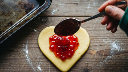 Spreading Red Raspberry Jam on Heart-Shaped Cookie Dough for Festive Baking on a Rustic Wood Tabletop