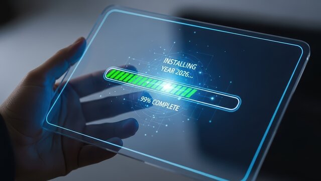 Hand holding a futuristic transparent tablet displaying a glowing green progress bar indicating an installation process is underway, with INSTALLING and COMPLETE 2026 text. - Powered by Adobe