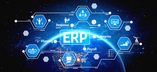 Stunning visualization of modern ERP concepts illustrates global connections and business processes, highlighting innovation, efficiency, and management solutions. Tessel