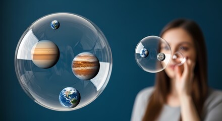 A curious woman observes a fascinating holographic projection of planets encased in transparent bubbles, symbolizing scientific discovery, space exploration, and the wonders of the universe