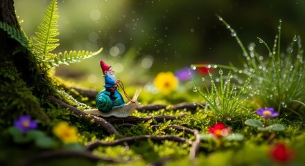 Enchanted forest gnome riding a snail through a vibrant, dew-kissed garden with colorful wildflowers and lush greenery