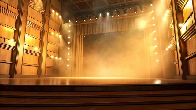 Wooden 3D stage with organic podium concept. The scene features warm lighting and a misty atmosphere, perfect for performances.
