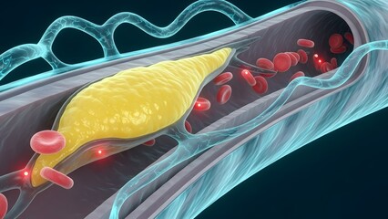 Cinematic futuristic X ray 3D medical illustration of an artery cross section with transparent tissue layers atherosclerotic plaque glowing yellow narrowing the lumen red blood cells flowing past the 