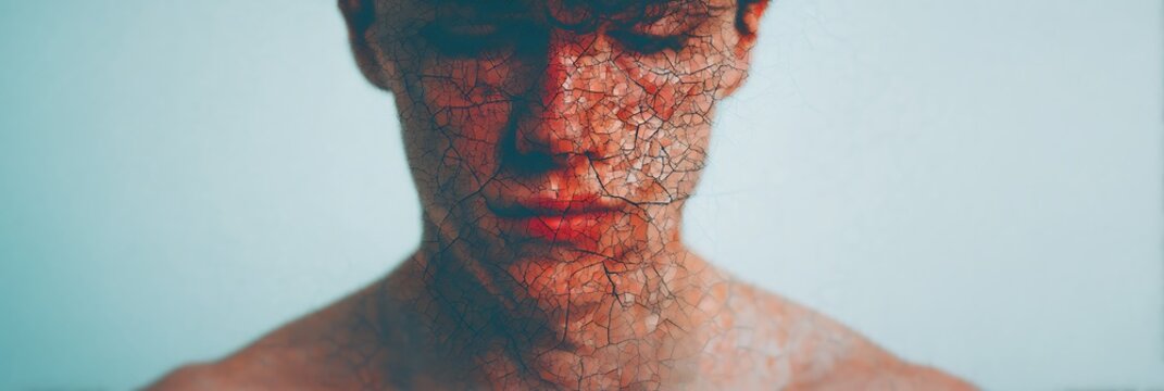 A close-up of a person's face with a cracked texture, symbolizing vulnerability and emotional depth against a soft blue background.