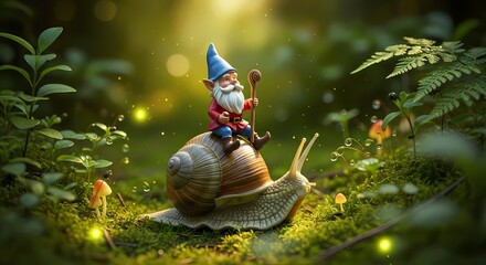 A charming garden gnome embarks on a whimsical journey, riding a majestic snail through an enchanting, moss-covered forest floor bathed in soft, magical light