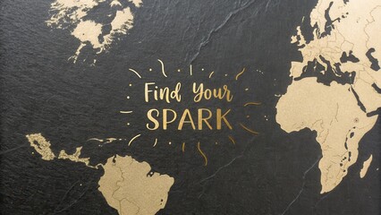 Golden world map with inspiring quote on a dark textured surface