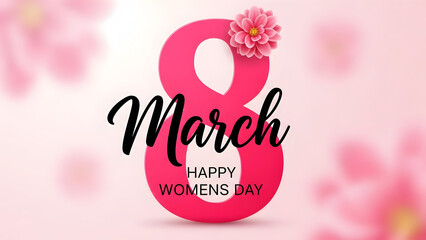 Happy International Women's Day with large pink number 8 and flower March 8 celebration
