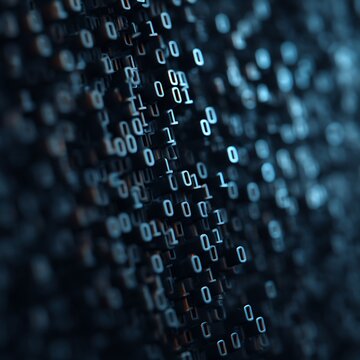 A close-up view of binary code, showcasing a digital design with a blend of blue and black tones, representing technology and data.