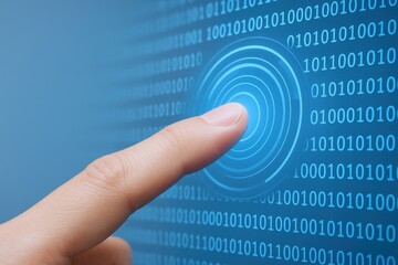 Human Finger Touching Digital Interface Screen with Binary Code, Representing Technology and Innovation
