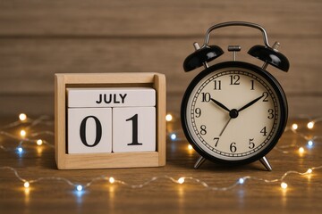 July 1st Date with Alarm Clock and String Lights on Wooden Background, Time Management Concept