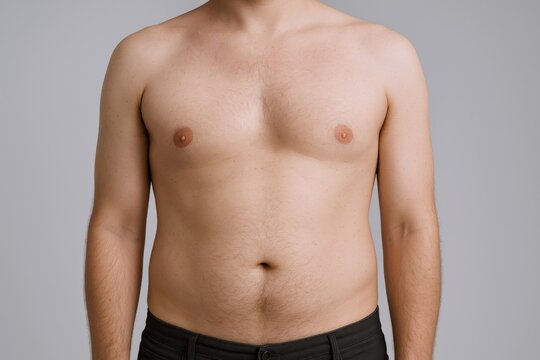 Torso Portrait of a Young Adult Man Against a Grey Background for Health and Body Image Concepts