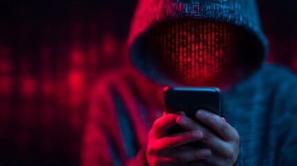 A cloaked figure holds a smartphone, surrounded by digital binary code in a dark, red-lit environment, suggesting themes of hacking or cybercrime.