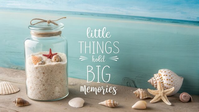 Jar of sand and seashells with quote near the ocean - Powered by Adobe