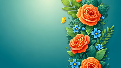 Orange Roses Blue Flowers Green Leaves And Yellow Butterfly Border image photo