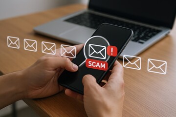 Smartphone displaying a scam alert with email icons, representing phishing and online fraud, concept for digital security