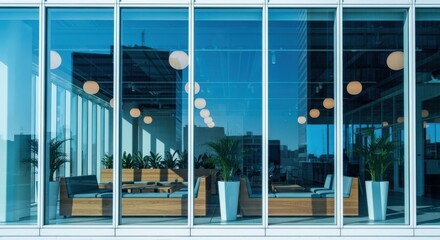 Modern Office Space with Glass Window View, Interior Design and Furnishings Showcasing Contemporary Architecture