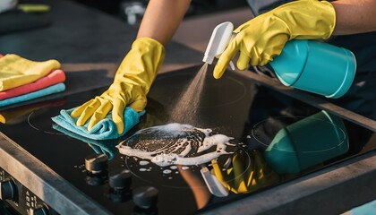 Person in yellow gloves diligently cleaning a modern black induction stovetop with spray and cloth, focusing on kitchen hygiene