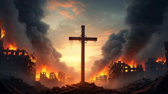 Burning city ruin cross or crucifix with collapsing buildings fire smoke columns glowing embers and apocalyptic dramatic sky for Christmas