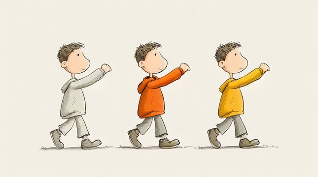 Cartoon character walking left to right through three clear stages, illustrating a simple explainer narrative of progress, steps and transformation in a friendly, modern style.

