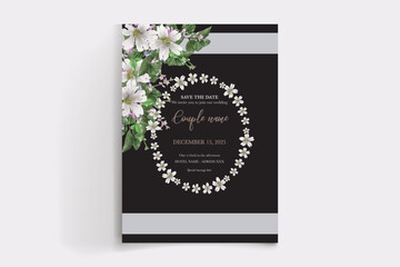 WEDDING INVITATION FRAME WITH FLOWER DECORATIONS AND FRESH LEAVES